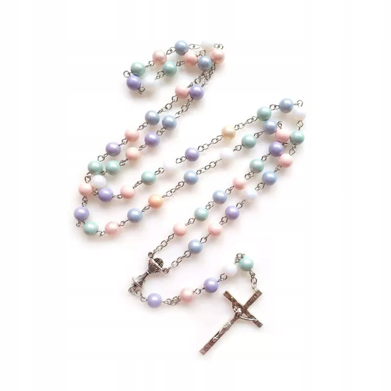 Holy Grail & Crucifix of 8 mm Round Multicolor Acrylic Alloy Chain Rosary