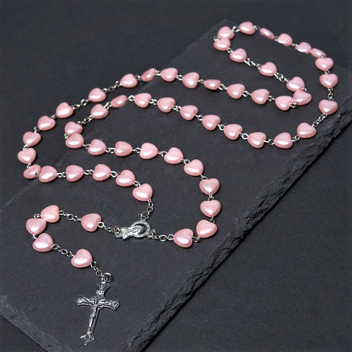 Our Lady of Fátima & Crucifix of 10 mm Heart Pink Acrylic Alloy Chain Rosary