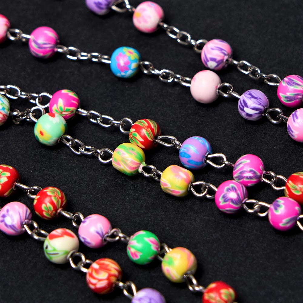 Our Lady of Guadalupe & Crucifix of 6 mm Round Multicolor Polymer Clay Alloy Chain Rosary