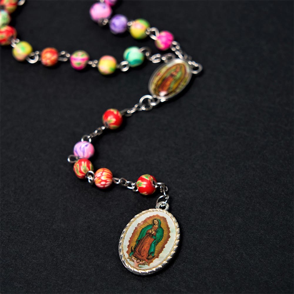 Our Lady of Guadalupe & Crucifix of 6 mm Round Multicolor Polymer Clay Alloy Chain Rosary