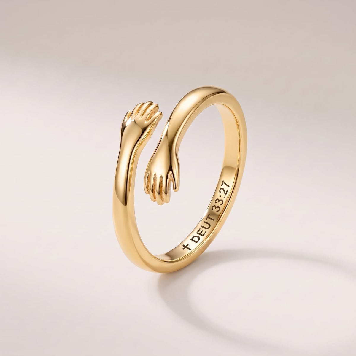 Everlasting Arms Hug Ring in gold, engraved ✝ DEUT 33:27 inside