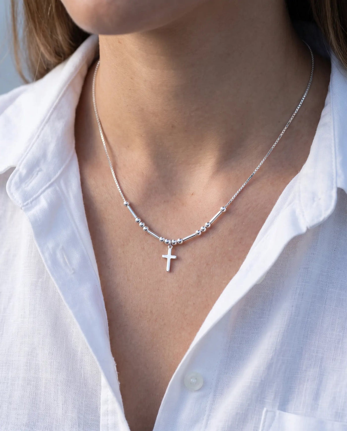 Hidden Prayer Morse Code Necklace in silver, worn