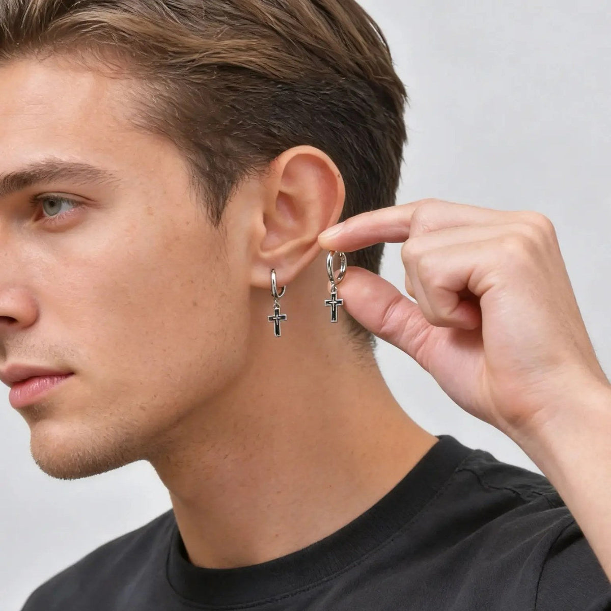 Black Cross Huggie Hoop Earrings