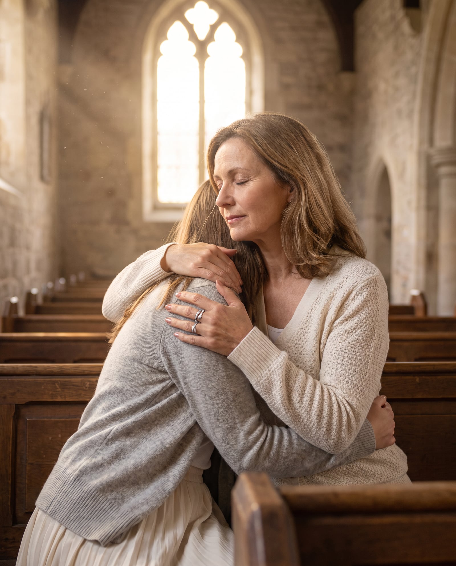 A mother and daughter embracing in a sunlit church pew