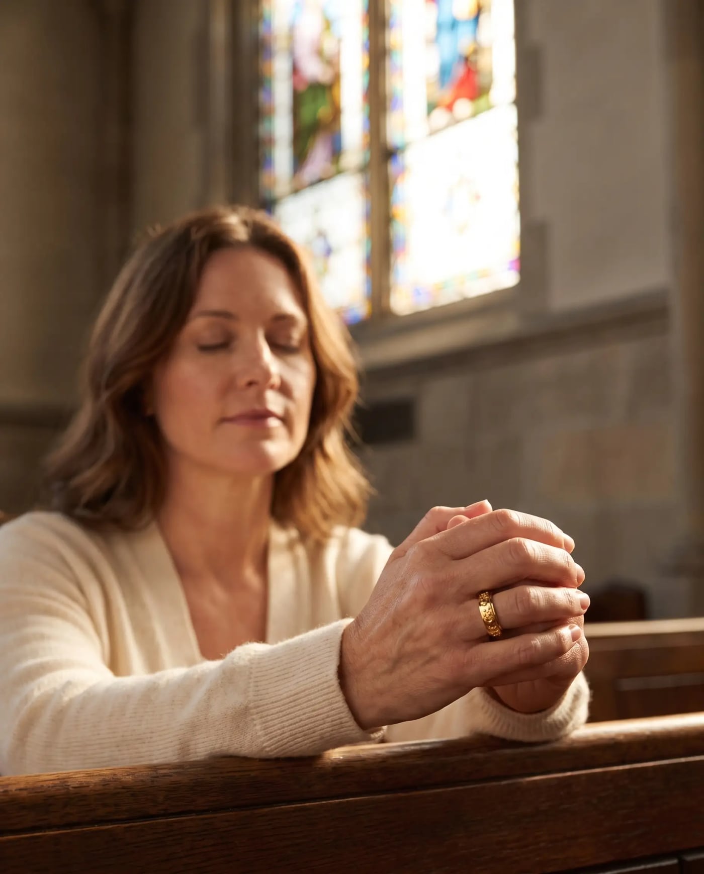 A woman praying in church, wearing the Day & Night Prayer Ring