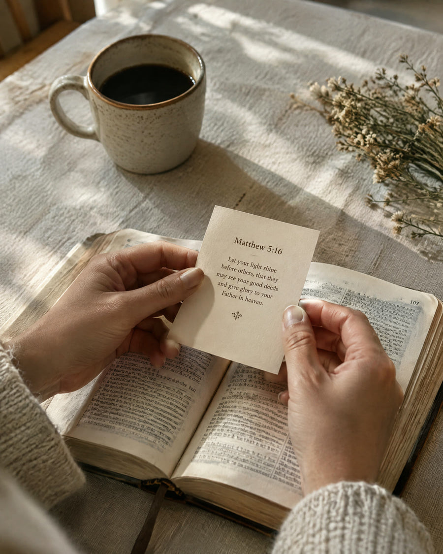 A prayer card with the month's scripture and a short prayer