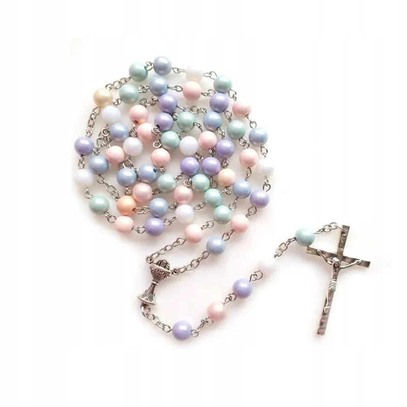 Holy Grail & Crucifix of 8 mm Round Multicolor Acrylic Alloy Chain Rosary