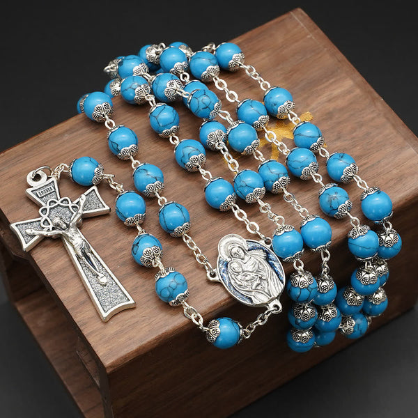 Blue Turquoise Christ Prayer Rosary with Mary & Baby Jesus Medal