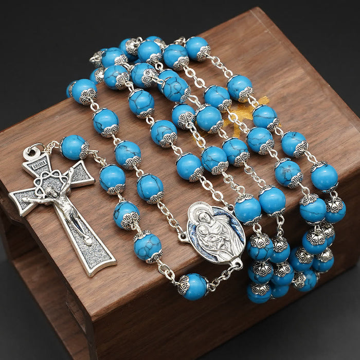 Blue Turquoise Christ Prayer Rosary with Mary & Baby Jesus Medal