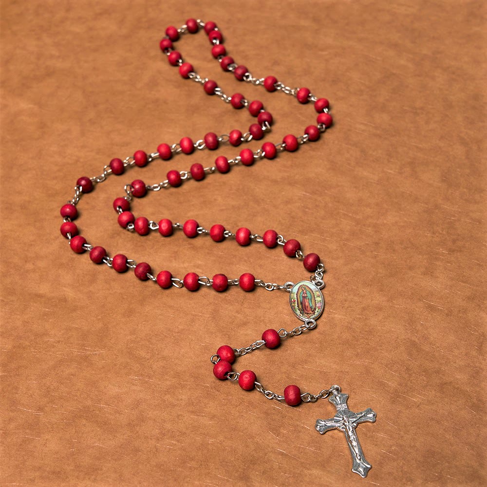 Our Lady of Guadalupe & Crucifix of 6 mm Round Multicolor Wood Alloy Chain Rosary