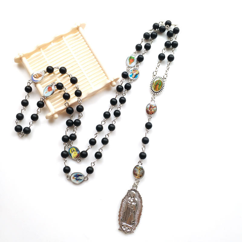 Our Lady of Guadalupe of 6 mm Round Black Agate Alloy Chain Rosary