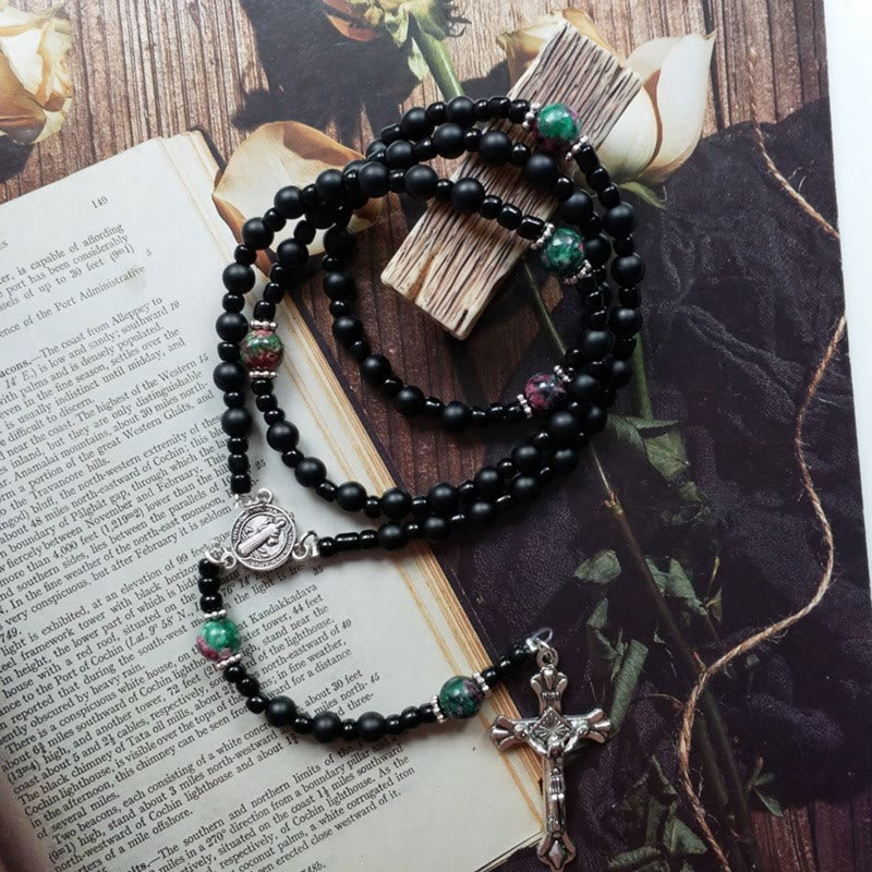 St. Benedict Medal & Crucifix of 8 mm Round Black Multi-material Nylon Cord Rosary