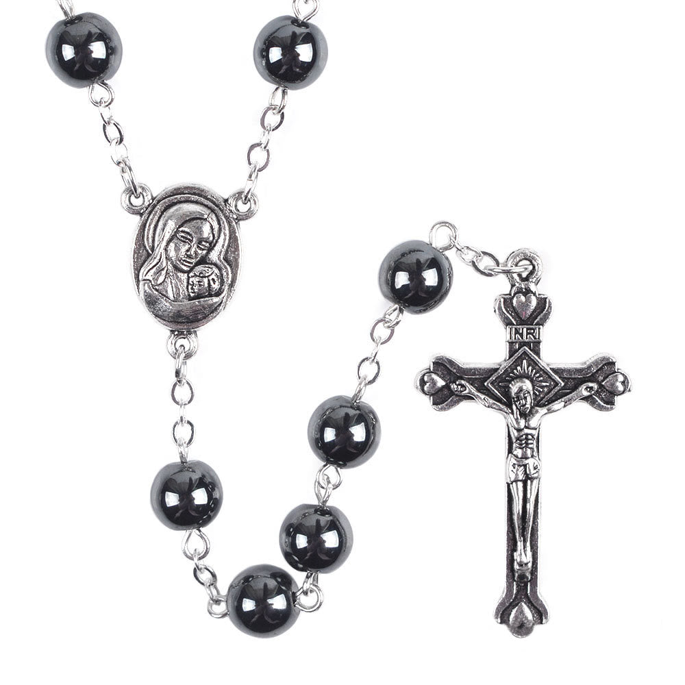 Madonna and Child & Crucifix of 8 mm Round Black Hematite Alloy Chain Rosary