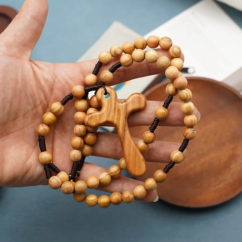 Handmade Polished Olive Wood Cross Car Rosary