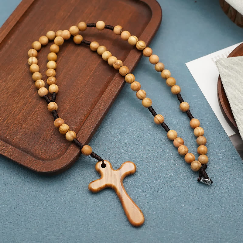 Handmade Polished Olive Wood Cross Car Rosary