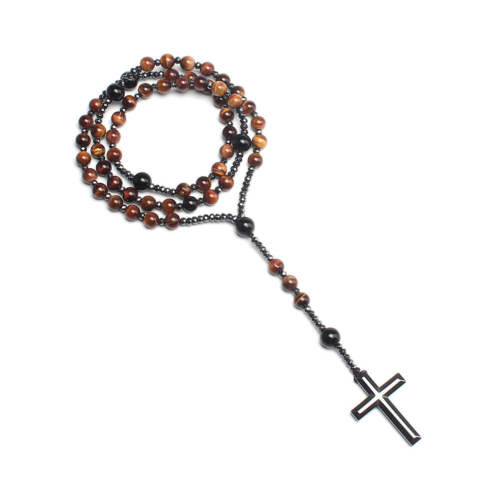 Agate/Tiger's Eye Stone Cross Catholic Rosary