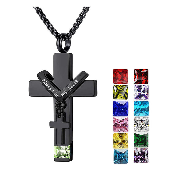 12 Months Birthstone Double Cross Ashes Urn Pendant Necklace