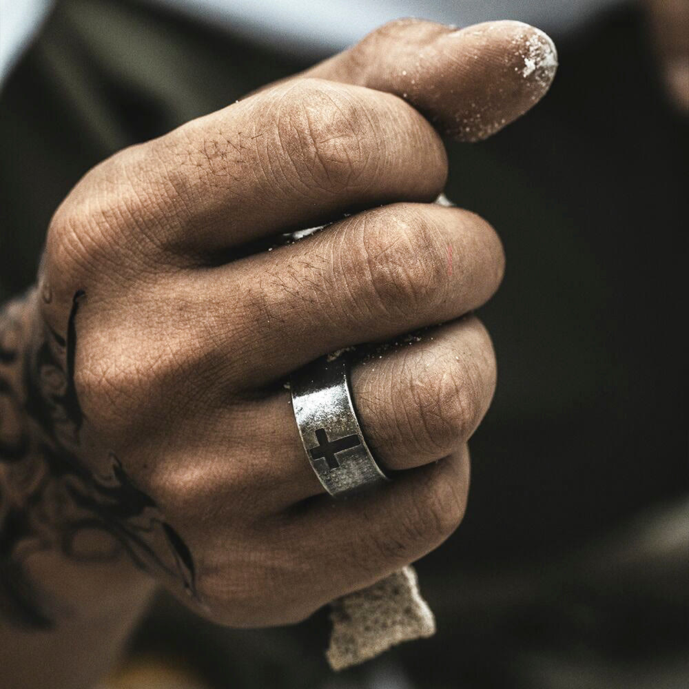 Stainless Steel Antique Punk HeavySaint Cross Ring