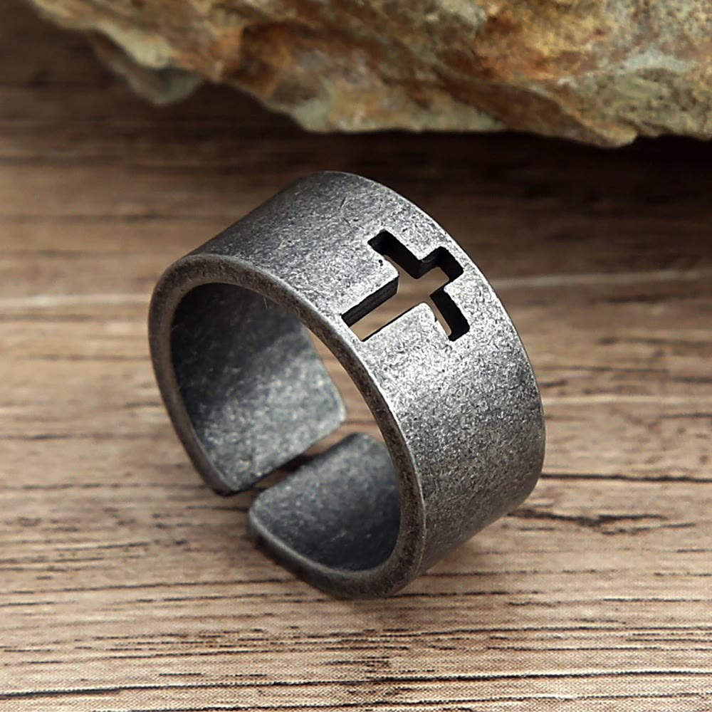 Stainless Steel Antique Punk HeavySaint Cross Ring
