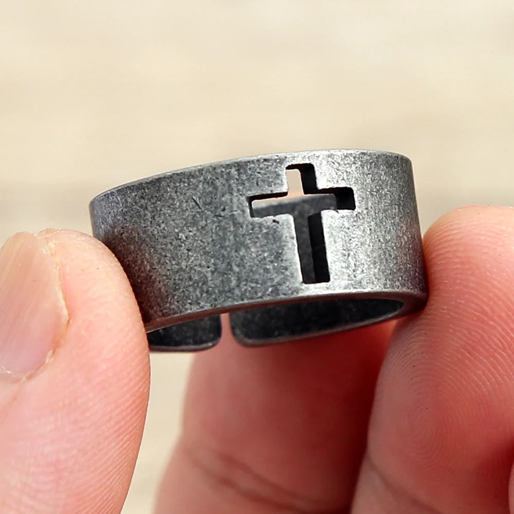 Stainless Steel Antique Punk HeavySaint Cross Ring
