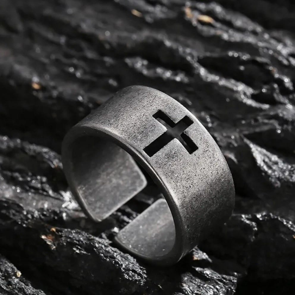 Stainless Steel Antique Punk HeavySaint Cross Ring