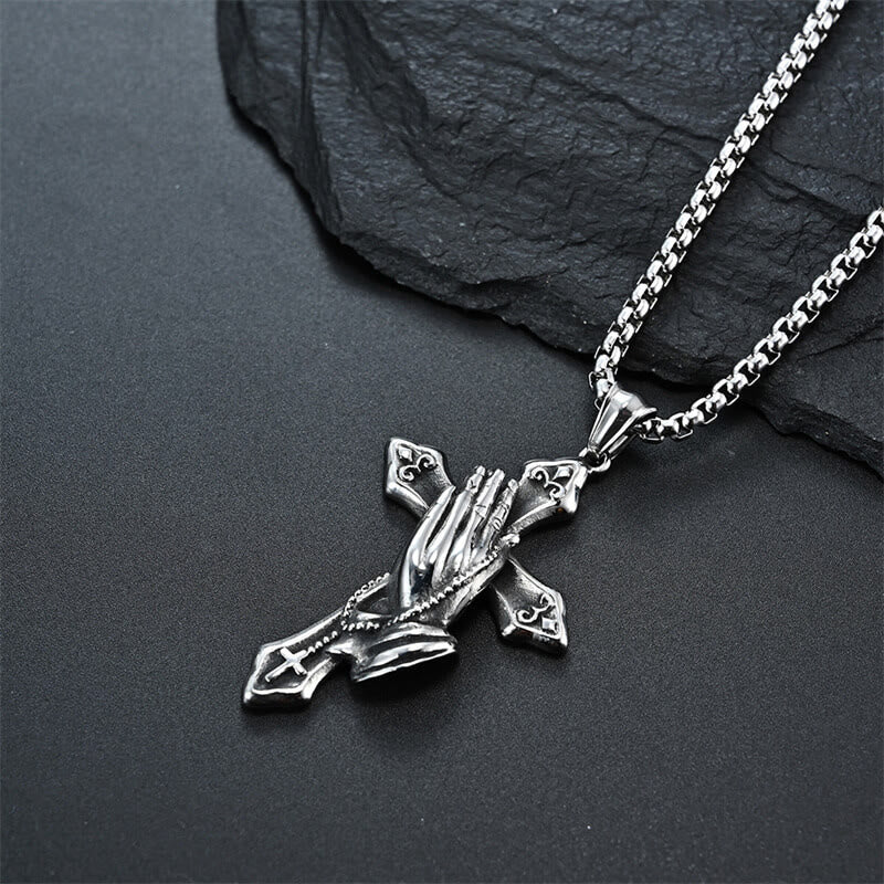 Praying Hands Cross Stainless Steel Pendant Necklace
