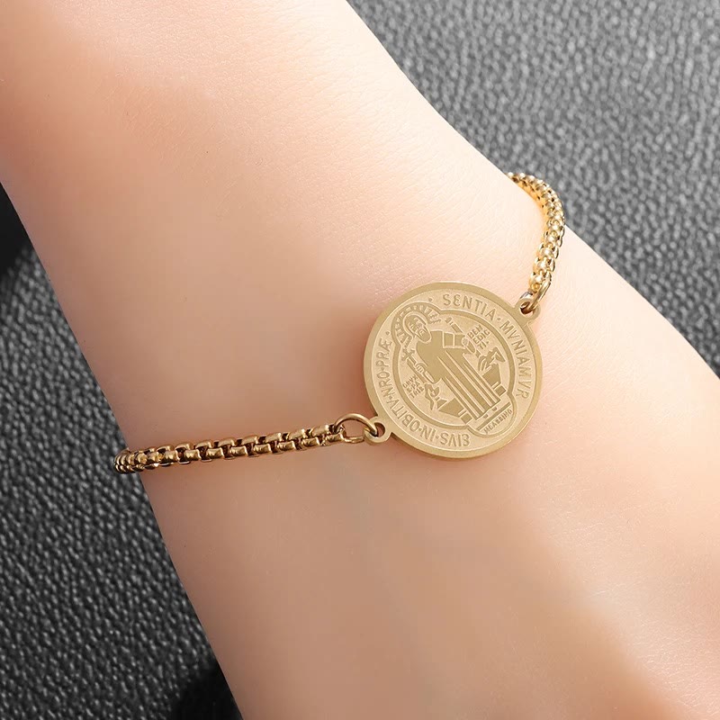 St. Benedict Engraved Medal Adjustable Bracelet
