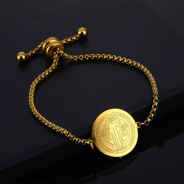 St. Benedict Engraved Medal Adjustable Bracelet