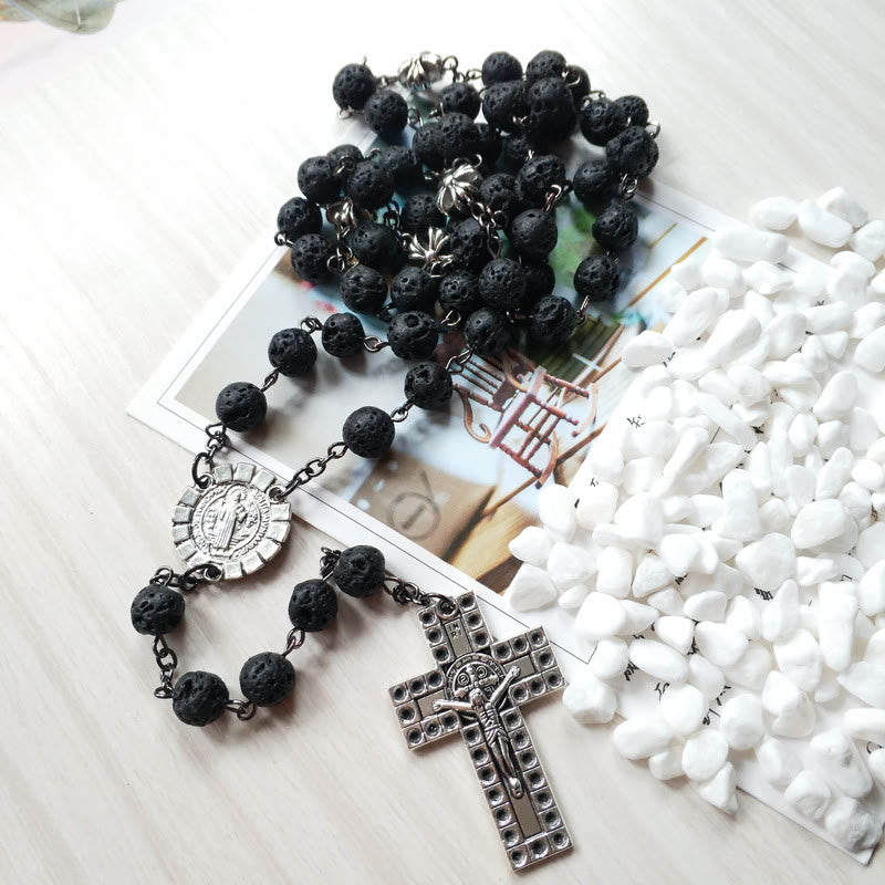 Vintage Cross Pendant Volcanic Stone Beads Rosary