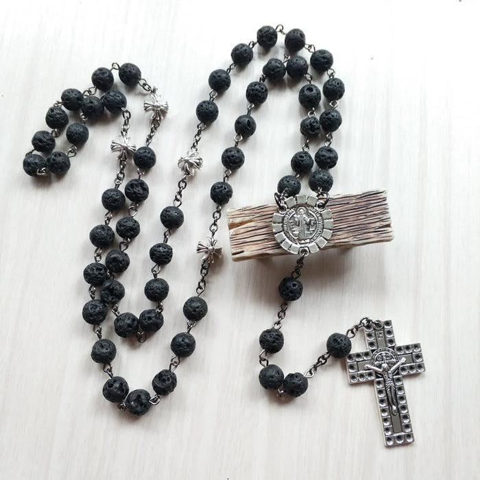 Vintage Cross Pendant Volcanic Stone Beads Rosary