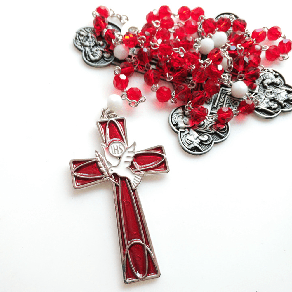 IHS Holy Spirit Dove Cross Pendant Red Beads Rosary