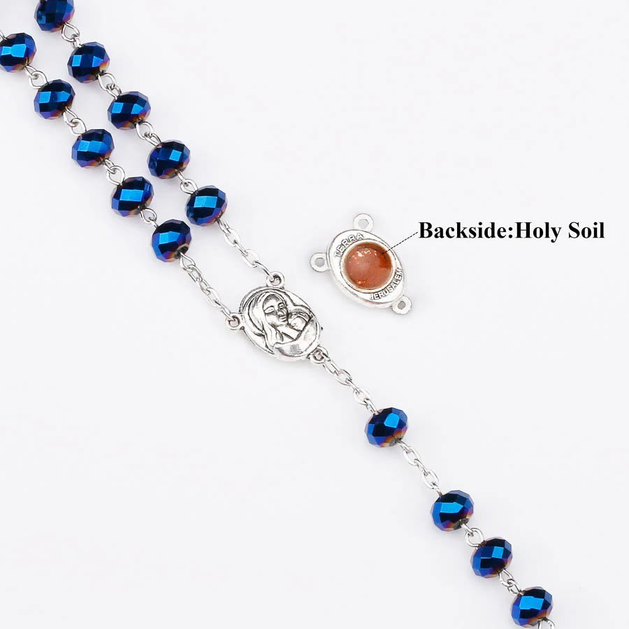 Deep Blue Holy Soil Medal Rosary