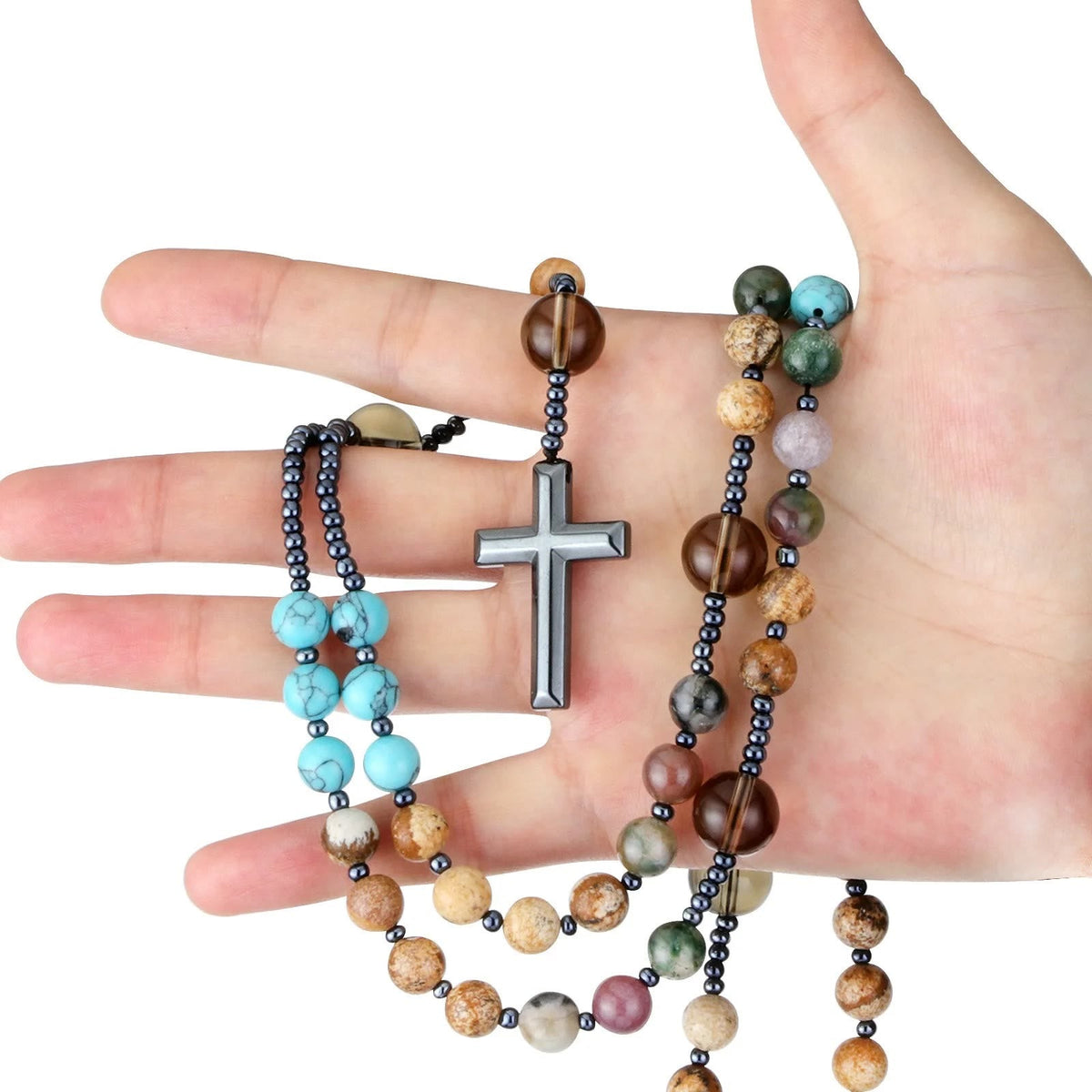 Hematite Cross Christian Religious Seven Stones Rosary