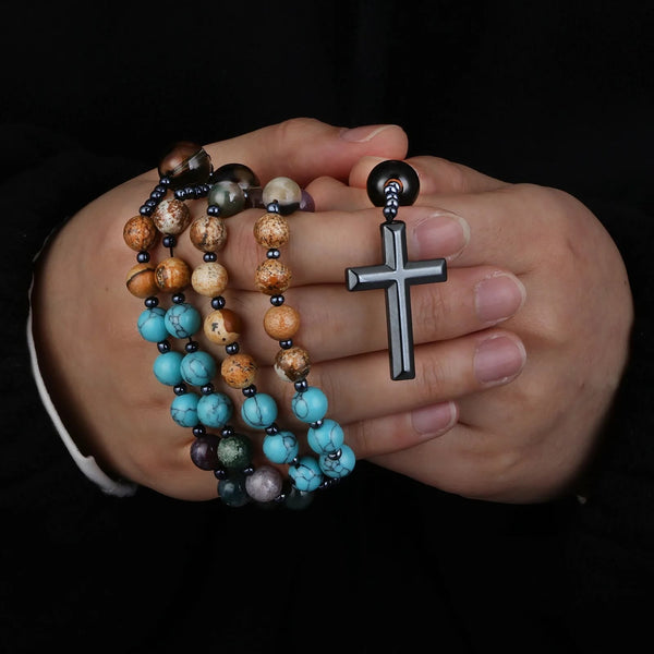 Hematite Cross Christian Religious Seven Stones Rosary