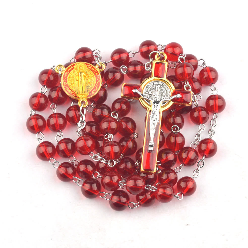 Catholic St. Benedict Centerpiece Red Glass Beads Cross Rosary