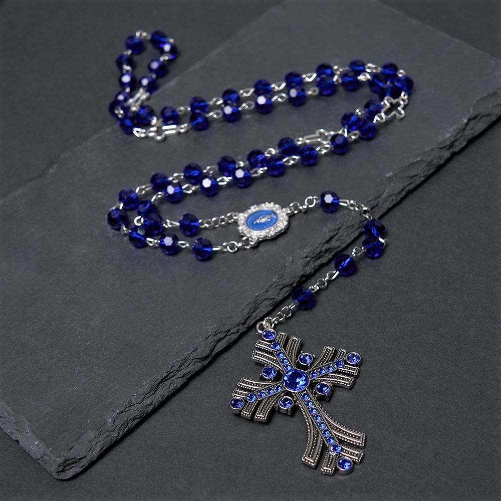 Miraculous Medal & Cross of 8 mm Polyhedron Blue Crystal Alloy Chain Rosary