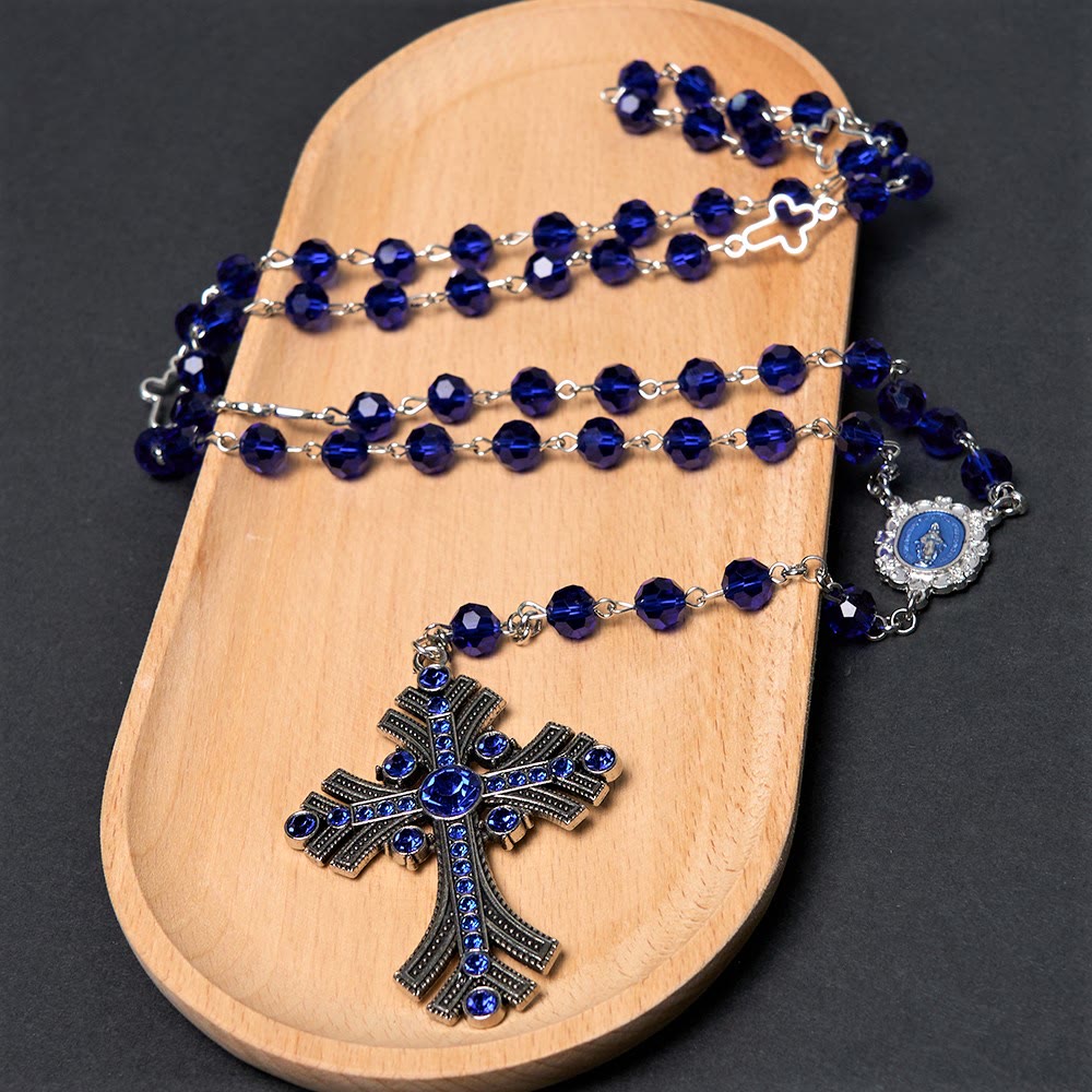 Miraculous Medal & Cross of 8 mm Polyhedron Blue Crystal Alloy Chain Rosary