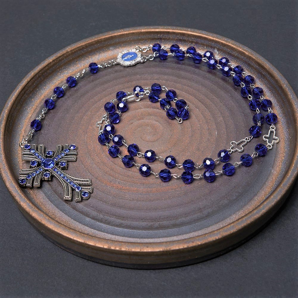 Miraculous Medal & Cross of 8 mm Polyhedron Blue Crystal Alloy Chain Rosary