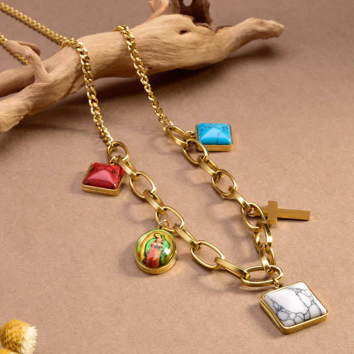 Casual Style Our Lady of Guadalupe Turquoise Cross Chocker Necklace