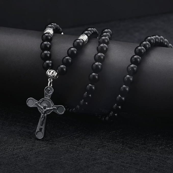 Retro Noble Style Crucifix Black Gallstone Beads Pendant Necklace