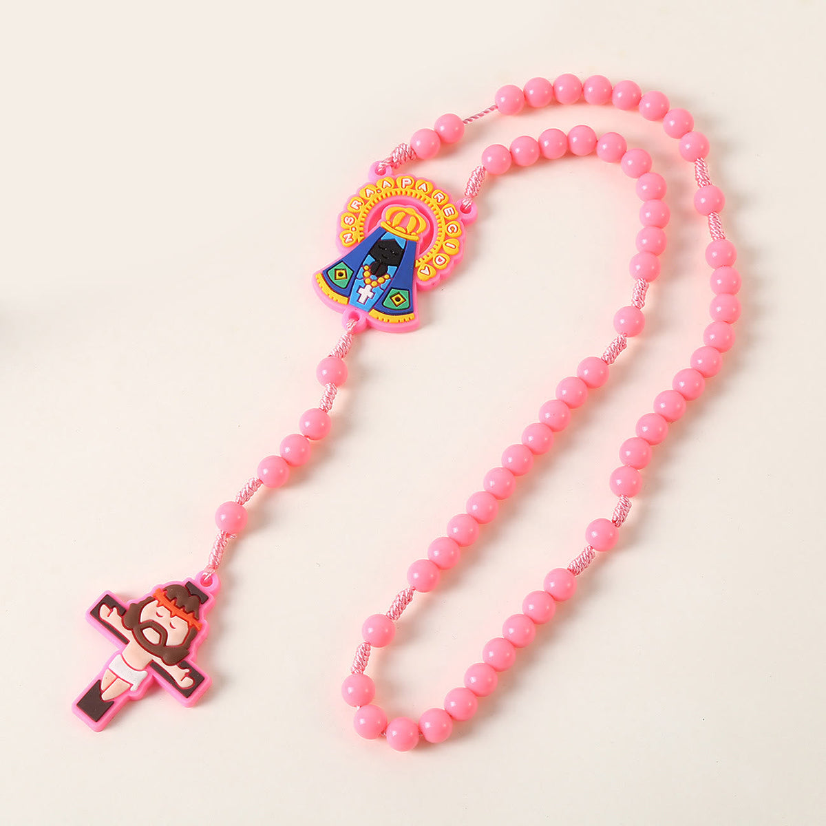Guardian Angel & Crucifix of 8 mm Round Pink/Blue Acrylic Nylon Cord Child Rosary