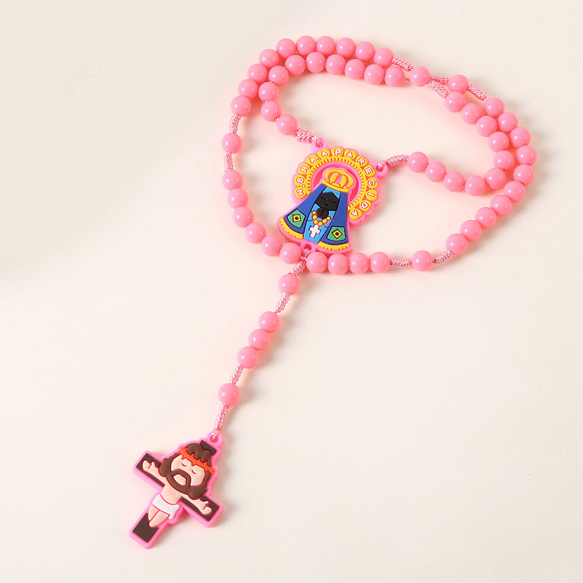 Guardian Angel & Crucifix of 8 mm Round Pink/Blue Acrylic Nylon Cord Child Rosary