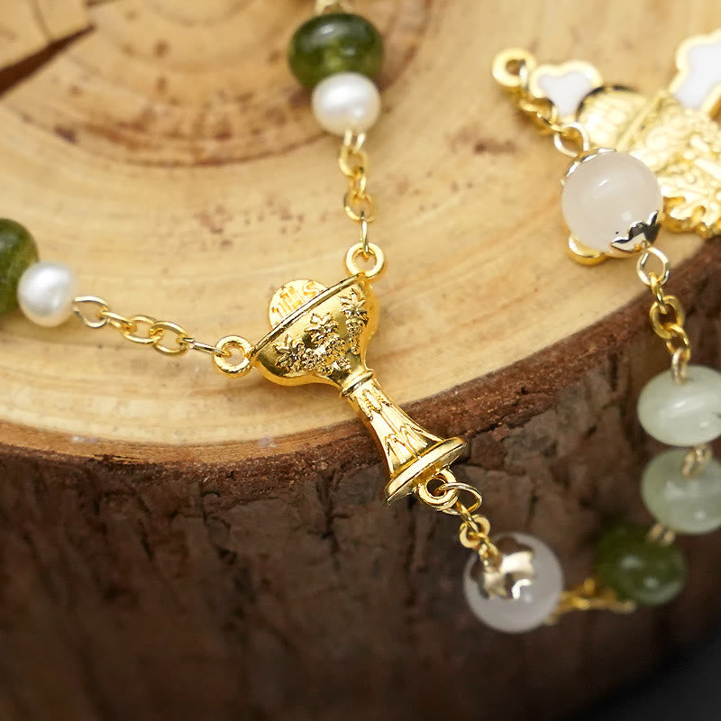 Holy Grail & Crucifix with Eucharistic of 5*8 mm Round Green Chalcedony Alloy Chain Rosary
