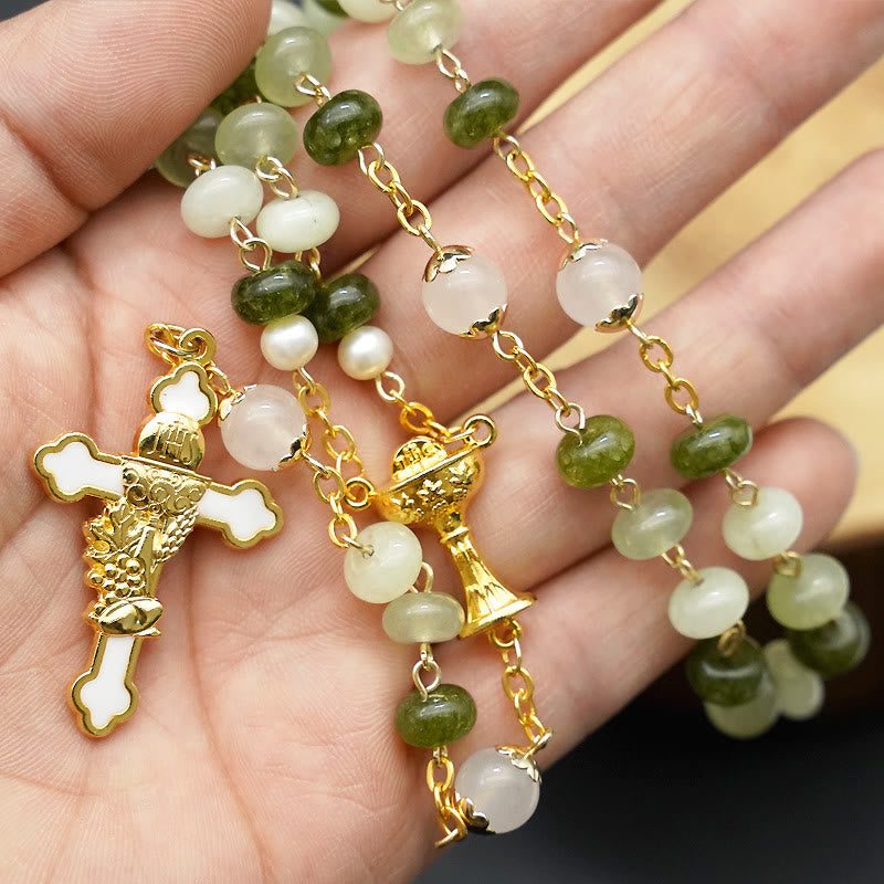 Holy Grail & Crucifix with Eucharistic of 5*8 mm Round Green Chalcedony Alloy Chain Rosary