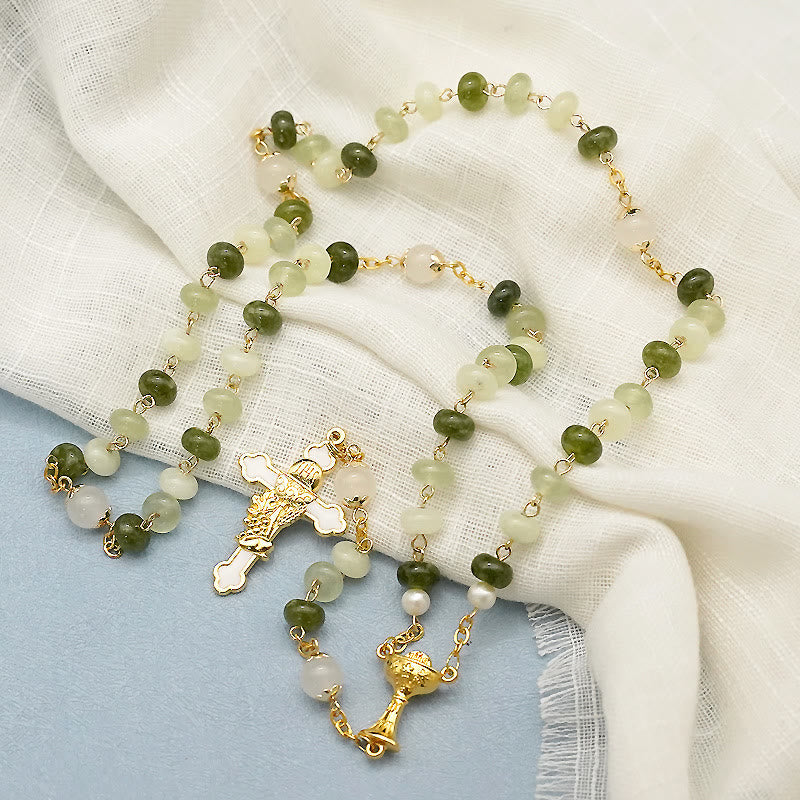 Holy Grail & Crucifix with Eucharistic of 5*8 mm Round Green Chalcedony Alloy Chain Rosary