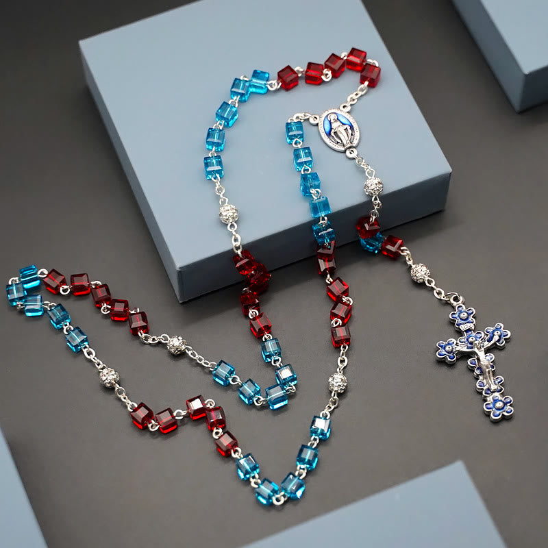 Miraculous Medal & Crucifix of 6 mm Square Multicolor Crystal Alloy Chain Rosary