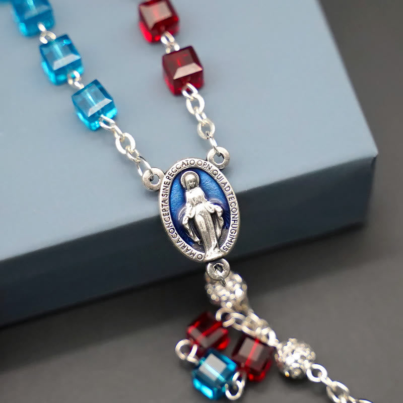 Miraculous Medal & Crucifix of 6 mm Square Multicolor Crystal Alloy Chain Rosary