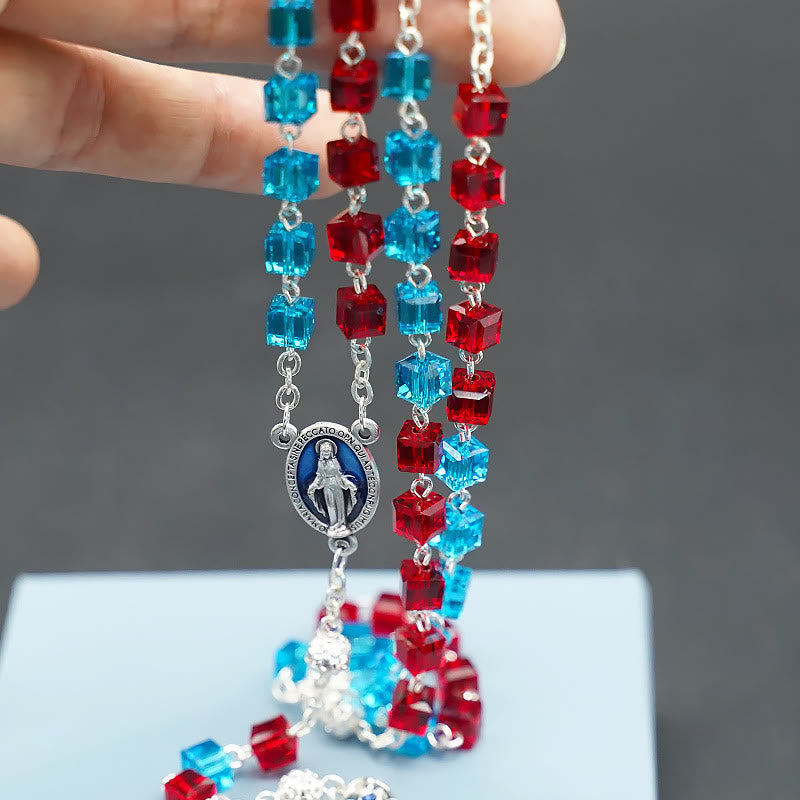 Miraculous Medal & Crucifix of 6 mm Square Multicolor Crystal Alloy Chain Rosary
