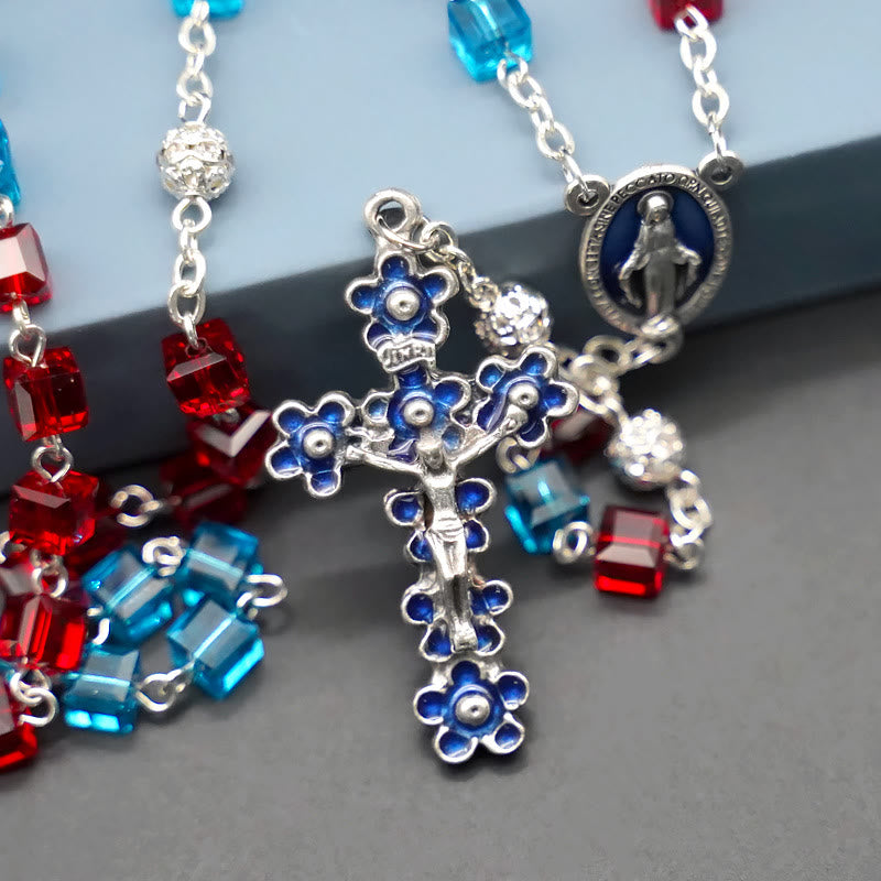 Miraculous Medal & Crucifix of 6 mm Square Multicolor Crystal Alloy Chain Rosary