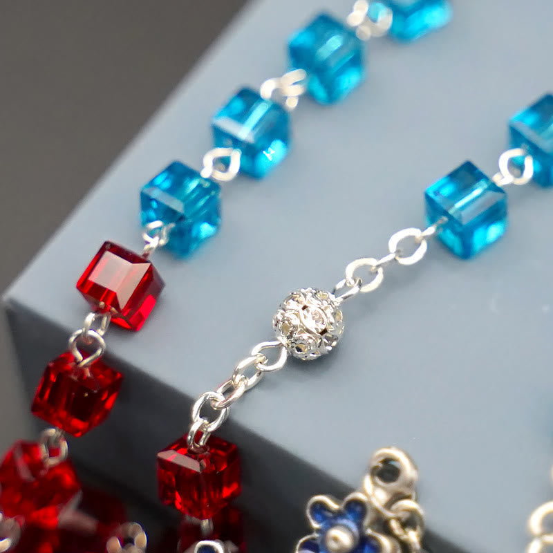Miraculous Medal & Crucifix of 6 mm Square Multicolor Crystal Alloy Chain Rosary